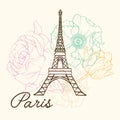Vector Eifel Tower Paris In Vintage Style With Beautiful, Romantic Pastel Flowers. Perfect for travel themed postcards Royalty Free Stock Photo