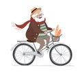 Vector elderly man on a bicycle. Elderly exercising. Flat cartoon vector illustration.
