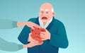Vector of an elderly scared businessman holding piggy bank trying to protect his savings from being stolen