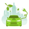 Vector of an electric car on a cityscape background Royalty Free Stock Photo