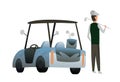 GolfVector electric golf car with golf club bag. Man standing near golf vehicle with stick in his shoulder Royalty Free Stock Photo