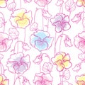 Vector elegance seamless pattern with outline Pansy or Heartsease or Viola flower, ornate leaf and bud in pastel pink and yellow.