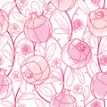 Vector elegance seamless pattern with outline Pomegranate fruit, ornate leaf, flower and blots in pastel pink on the white.