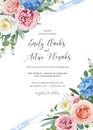 Vector elegant floral wedding invite card, invitation template design. Tender spring blue hydrangea, garden pink, peach, yellow