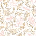 Vector elegant seamless background with foliage. Wedding endless pattern in pink and gold colors.