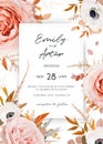 Vector elegant, stylish wedding invite, invitation card design. Chic bouquet frame: blush peach, pink rose flowers, white anemones