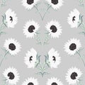 Vector Elegant Symmetrical Sunflower Composition on Gray seamless pattern background. Perfect for fabric, scrapbooking