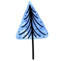 Vector element, cute watercolor abstract triangular blue-blue christmas tree with black outline in scandinavian style