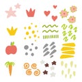 Vector elements for the design of children, postcards, banners, stickers. Hearts, stars, crowns, strokes of bright colors