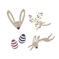 Vector elements for Easter or springtime. Bunny, blooming twig and eastereggs