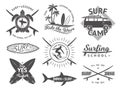 Vector elements for labels or badges. Surfing, hawaii surfboard and sea. Monochrome illustration set