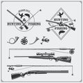 Vector elements for vintage hunting and fishing club. Labels, emblems and design elements. Guns, rods and hunting horns. Royalty Free Stock Photo