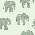 Vector Elephants witn Floral Pattern on Green seamless pattern background.