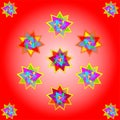 Vector eleven multicolored stars on red background; illustration