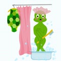 Vector embarrased and frightened turtle in bathroom took off his clothes and washing