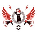 Vector emblem composed with revolutionary clenched fist holding Earth surrounded by gear symbol, liberty wings and loudhailers.