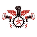 Vector emblem composed with strong raised clenched fist surrounded by cog wheel, freedom wings and loudspeakers. Proletarian