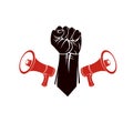 Vector emblem created with fist of strong man and loudhailers equipment. People demonstration, fighting for their rights and free