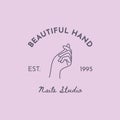 Vector Emblem with a Female Hand in a Trendy minimalist Linear style. Logo for a Beauty Salon or Nail studio