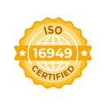 Vector emblem for ISO 16949 Certified quality management in the automotive sector, featuring a golden seal and global