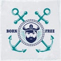 Vector emblem with sea captain and anchors. Nautical illustration.