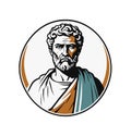 vector emblem of stoic, bearded, serene man in color