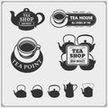 Emblems of Tea shop and Tea point. Teapots and kettles set.