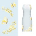 Vector embroidery, floral pattern of butterfly, leaves and rose on classic women`s dress mockup. Vector illustration. Hand-drawn