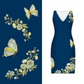 Vector embroidery, floral pattern of butterfly, leaves and rose on classic women`s dress mockup. Vector illustration. Hand-drawn