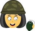 Vector emoji illustration of a yellow cartoon girl soldier with a granate
