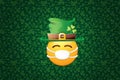 Vector Emoji sticker with mouth medical protection mask and saint Patricks green hat isolated on green horizontal