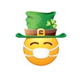 Vector Emoji sticker with mouth medical protection mask and saint Patricks green hat isolated on white background