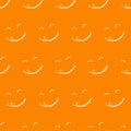 Vector emoticon licking mouth with tongue. Seamless orange pattern. A joyful, contented and well-fed full face. Yummy tasty icon.