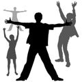 Vector emotional silhouettes of people. Boy, man and girl are standing with their hands up. Happy guy stands arms to the sides,