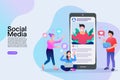 Mobile phone man on screen influencer marketing social media or network. Flat vector illustration for internet advertisement.