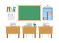 Vector empty school classroom illustration. Flat class room interior with chalk board, desks, books. Back to school or lesson