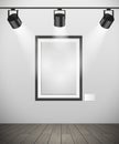 Vector empty vertical frame hanging in gallery with spotlights