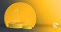 Vector,Empty vivid yellow gradient with grey studio round kiosk stand background ,product display with copy space for display of