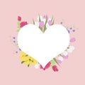 Vector empty white heart with flowers on pink background. copy space