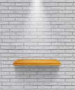 Vector empty wooden shelf isolated on gray brick wall background. Royalty Free Stock Photo