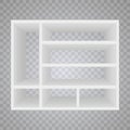 Vector Empty Wooden Shelves Isolated on Wall Background. Shelf for books. Bookshelf library. Education. School. Vector Royalty Free Stock Photo