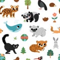 Vector endangered species seamless pattern. Cute extinct animals repeat background. Funny digital paper for kids with amur leopard
