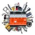 Vector Engine with Car Spares Royalty Free Stock Photo