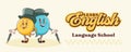 Vector English Talk Language Learning Group of British Gentleman Characters in Hats Illustration Banner. Groovy Cartoon