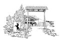 Vector engraved sketch style illustration of a horse stable with the silhouette of a horse inside the barn Royalty Free Stock Photo