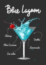 Vector engraved style Blue Lagoon alcoholic cocktail illustration for posters, decoration, menu and print. Hand drawn sketch with Royalty Free Stock Photo