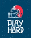 Hand drawn sketch of red american football helmet, modern lettering with shadows on blue background Royalty Free Stock Photo