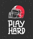 Hand drawn sketch of red american football helmet, modern lettering with shadows on dark background Royalty Free Stock Photo