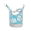 Vector engraved style Glass of Water with ice cubes, splashes illustration for posters, decoration, menu and logo. Hand drawn Royalty Free Stock Photo