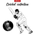 Vector engraved style illustration for logo, emblem, label or poster. Hand drawn sketch set of cricket elements